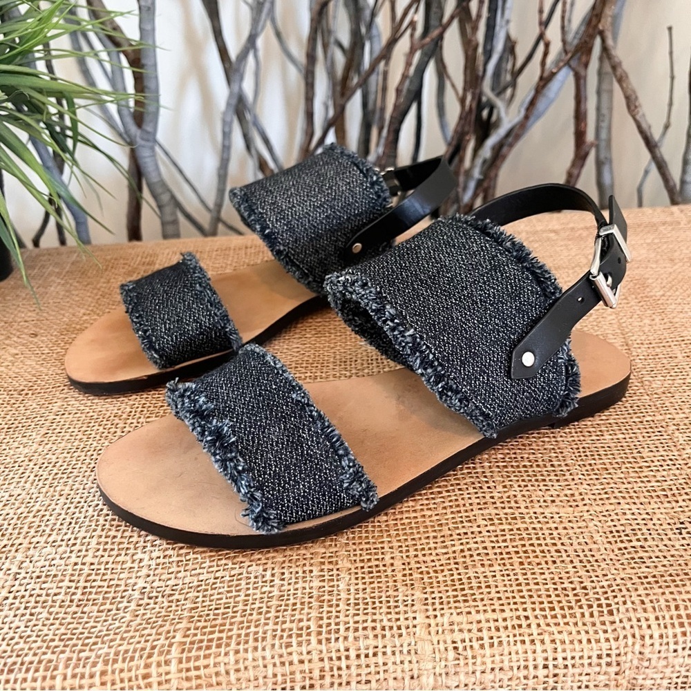 Rebecca Minkoff Emery Denim Raw Edge Sandals with Black Ankle Strap Size 7